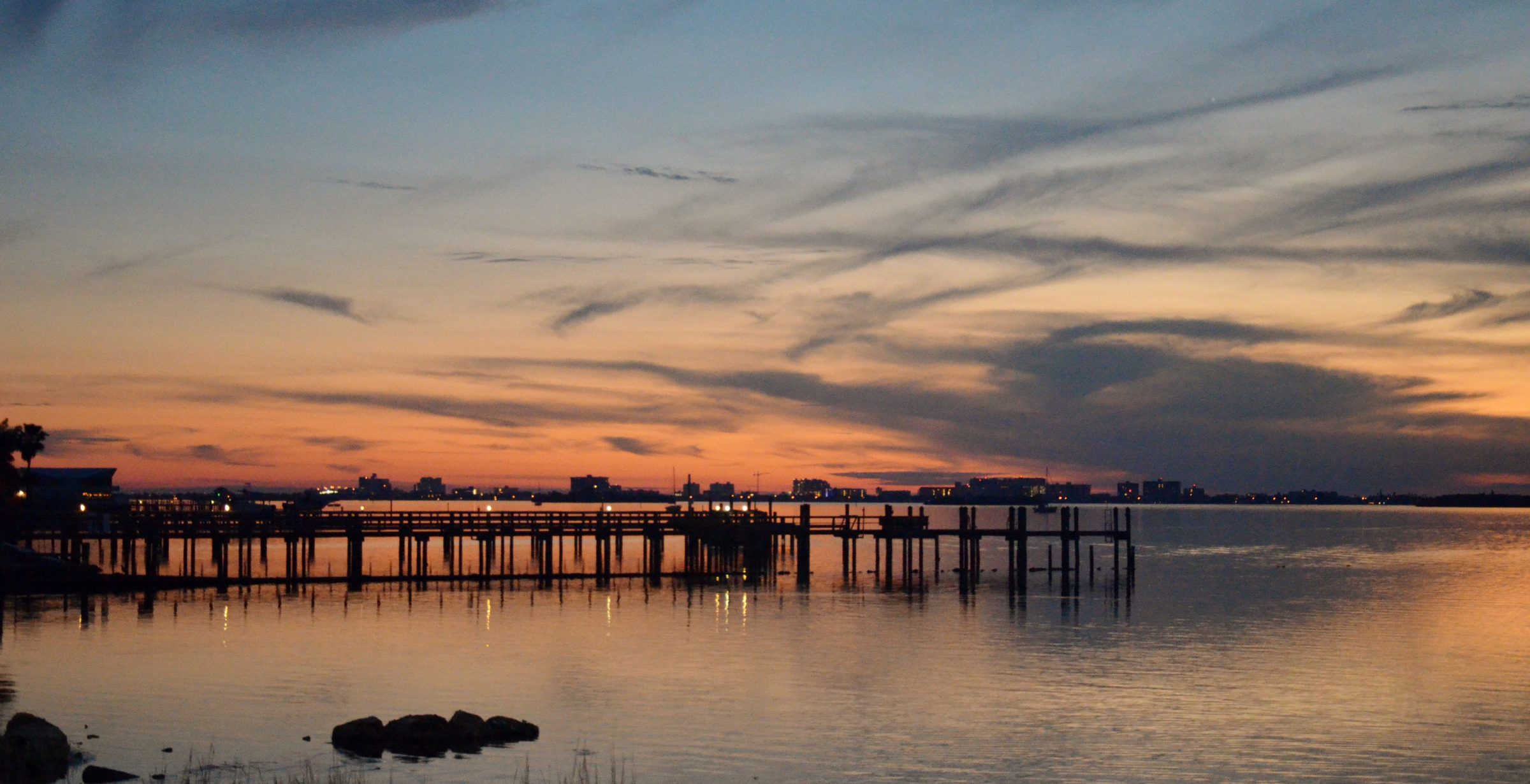 The Dunedin waterfront at dusk, looking out over the Gulf